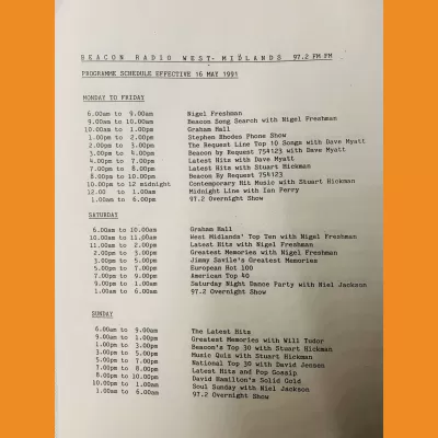 Beacon Radio - West Midlands & Shropshire Programme Schedules May 1991