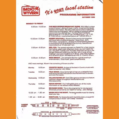 Radio Wyvern Programme Schedule October 1986
