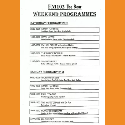 FM102 The Bear Programme Schedule February 1999