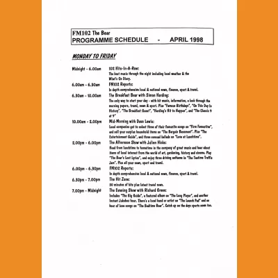 FM102 The Bear Programme Schedule April 1998