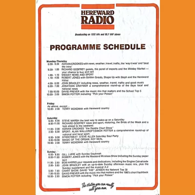 Hereward Radio 1332 Programme Schedule 1985