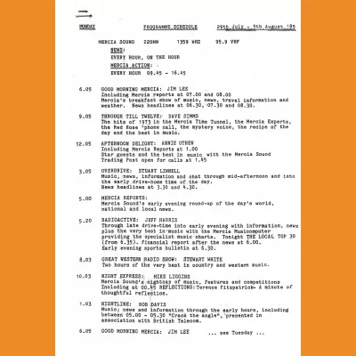 Mercia Sound Programme Schedule July 1985