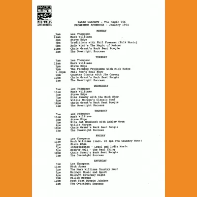 Radio Maldwyn Programme Schedule January 1994
