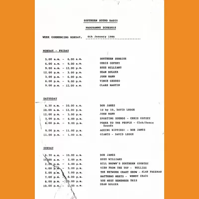 Southern Sound Programme Schedule 6th January 1986