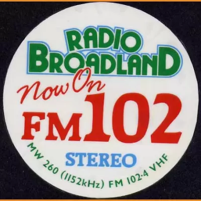 Radio Broadland "now on FM 102 stereo" sticker, 1980s