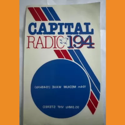 Capital Radio 194 car tax disc holder sticker, 1980s
