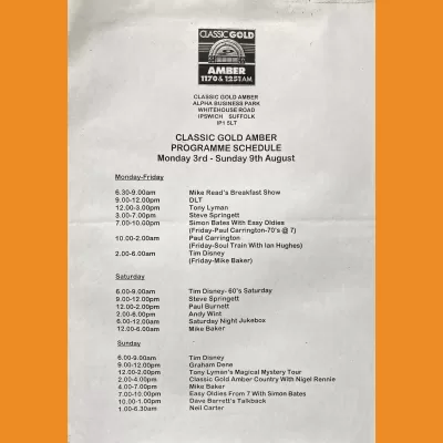 Classic Gold Amber schedule, August 1998