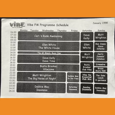 Vibe FM programme schedule - January 1998