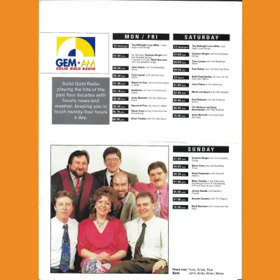 GEM-AM programme schedule and team photo, mid-1990s