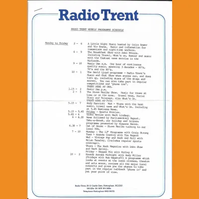 Radio Trent programme schedule, May 1986