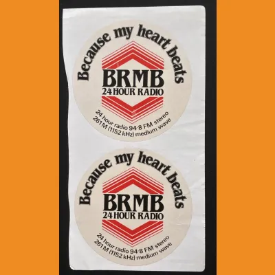 BRMB "Because my heart beats" lapel stickers, early 80s