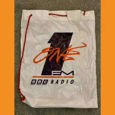 BBC Radio 1 large plastic drawstring bag, early 90s